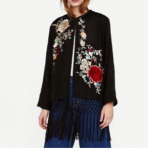 Zara black floral embroidered kimono with fringes size Large